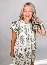 Green and Linen Paisley High Neck Dress