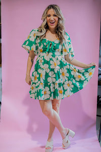 Green Floral Flutter Sleeve Dress