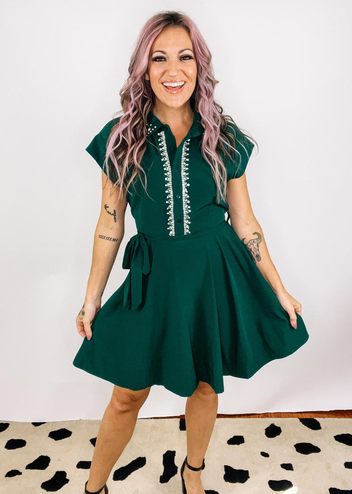 Green Collar Mini Dress with Rhinestone Trim Detail