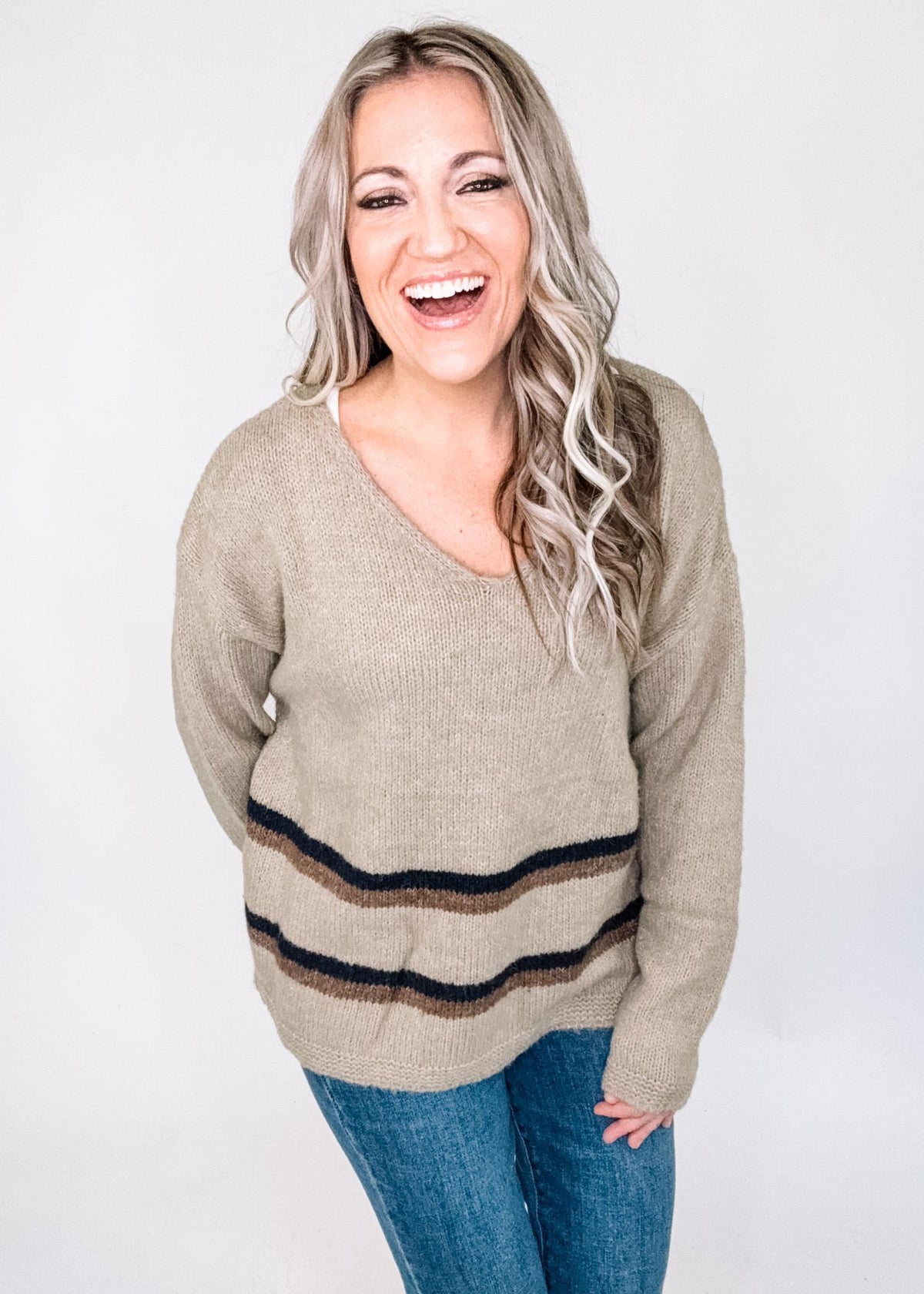 BLACK FRIDAY Taupe Knit Top with Stripe