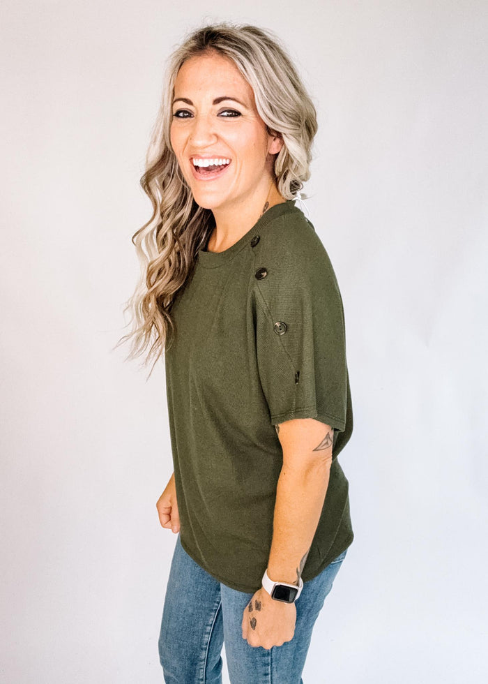 Olive Top with Button Sleeve Detail