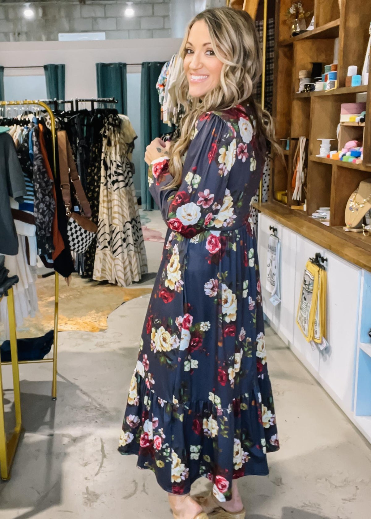 Charcoal and Yellow Floral Midi Dress