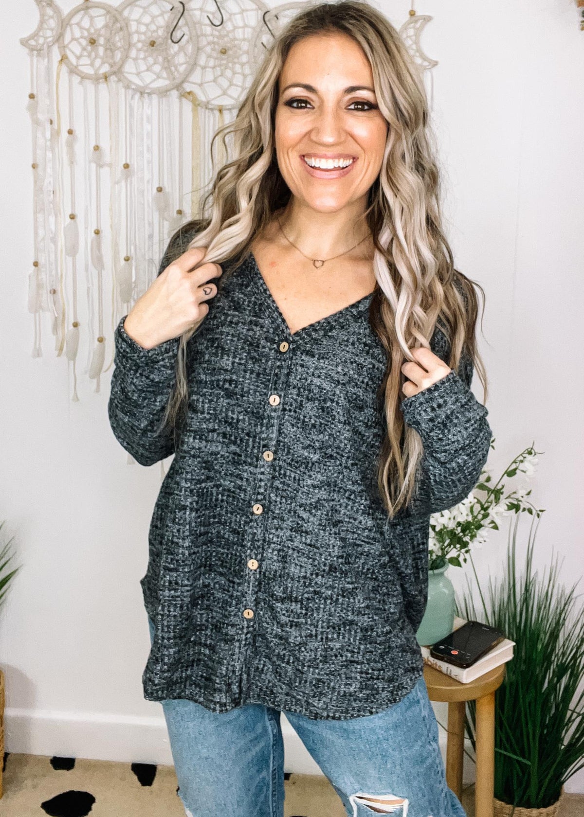 Black Heather Waffle Knit Front Button Top