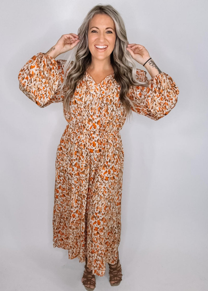 Taupe and Rust Long Sleeve Printed Maxi Dress