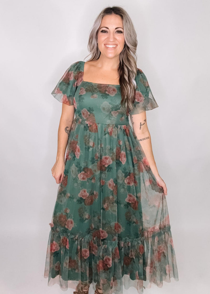 Green and Floral Mesh Maxi Dress