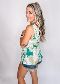 Green Tropical Faux Wrap Top