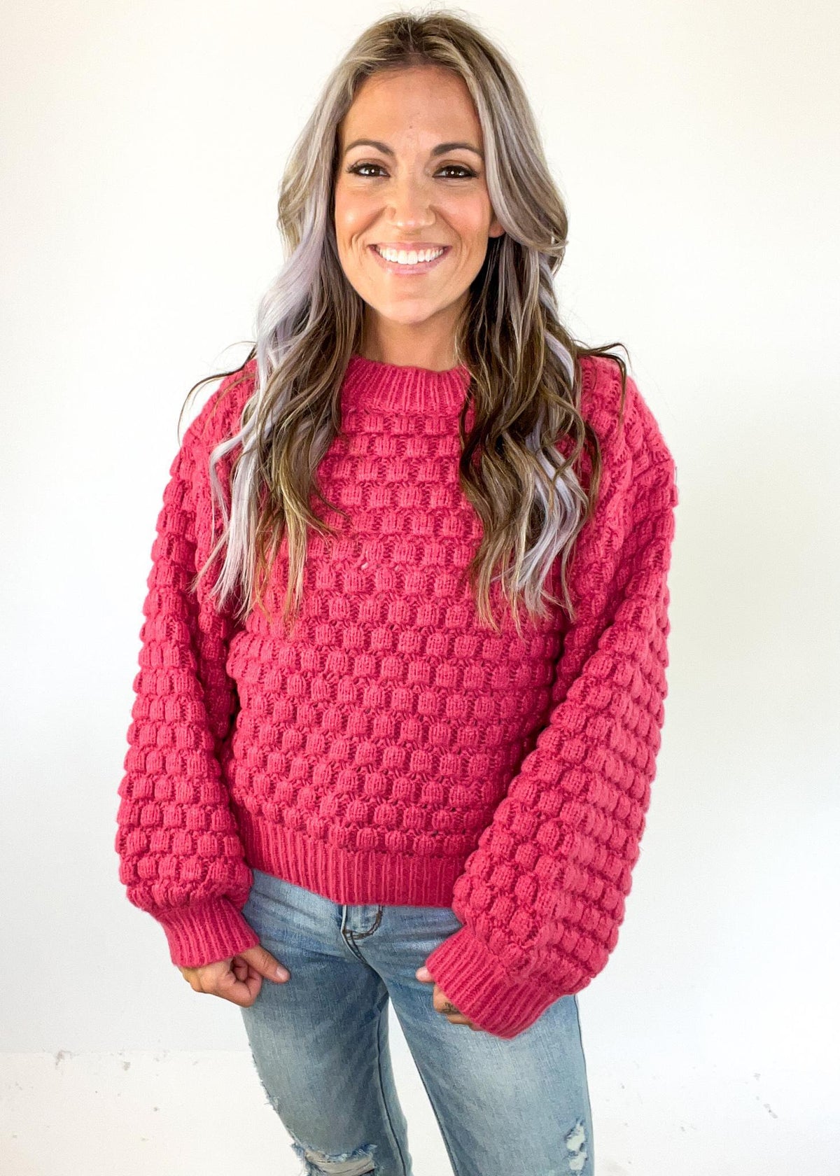 Raspberry Textured Balloon Sleeve Sweater