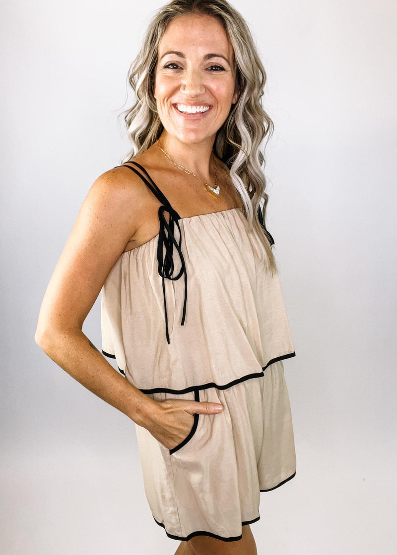 Nude Romper with Black Trim