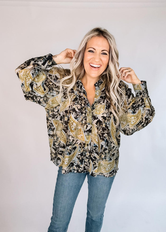 Olive Paisley Printed Bubble Sleeve Blouse