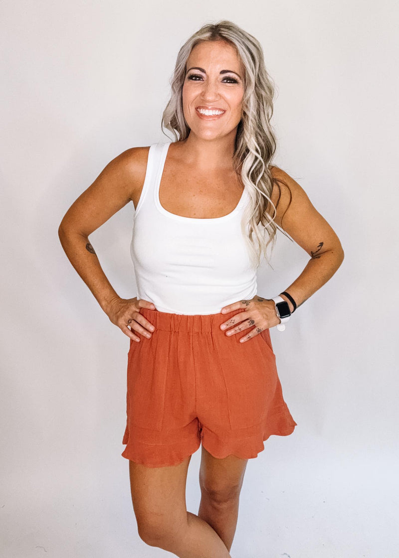 Rust Ruffle Shorts with Pocket