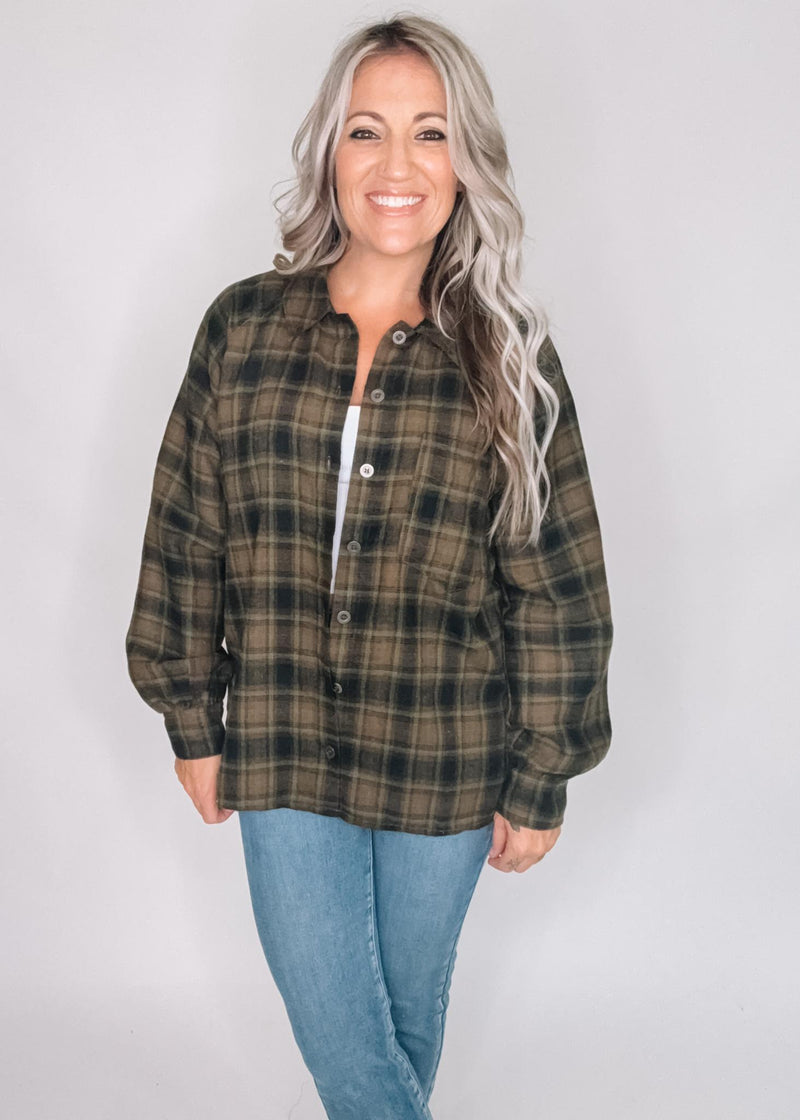 Raglan Sleeve Plaid Button Down Shirt