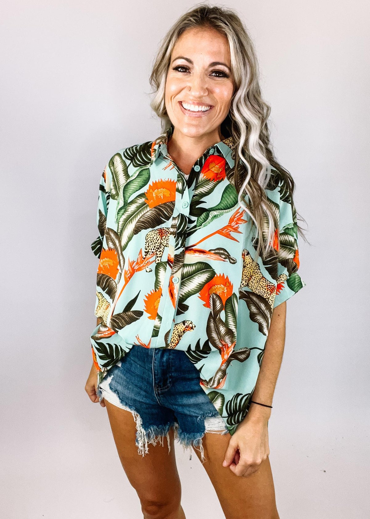 Oversized Mint Tropical Cheetah Top