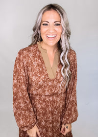 Taupe Trim Floral Midi Dress