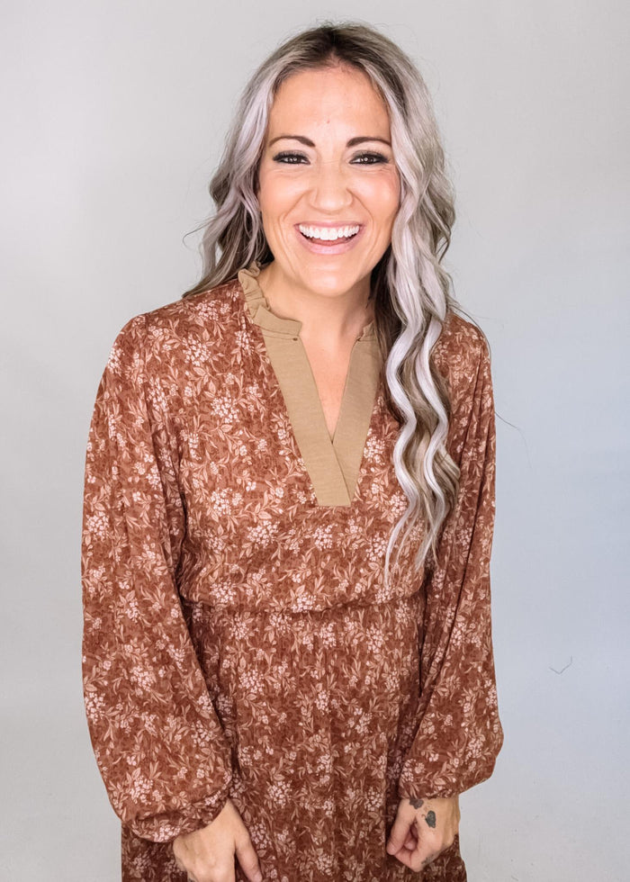 Taupe Trim Floral Midi Dress
