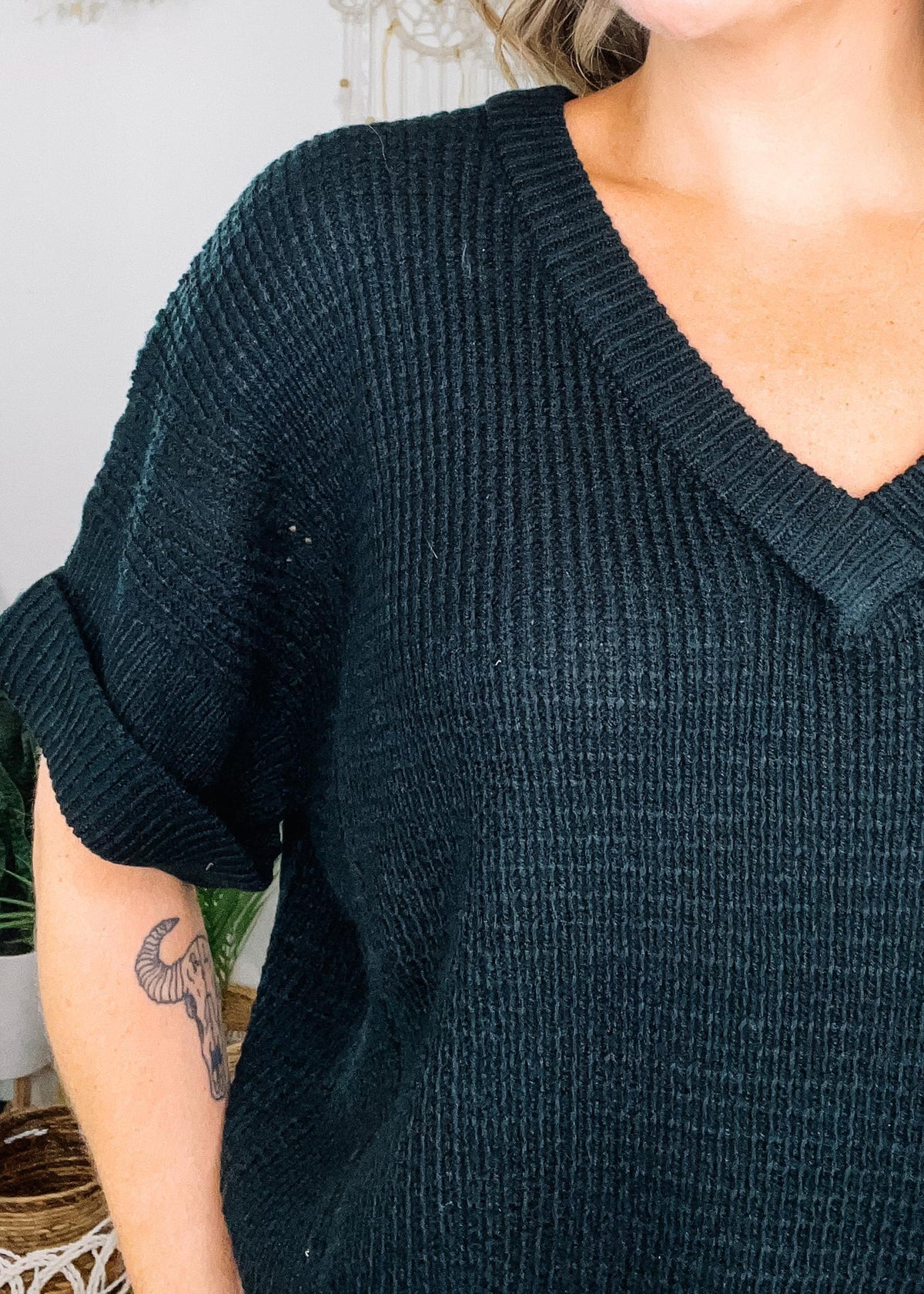 Short Sleeve V Neck Knit Sweater