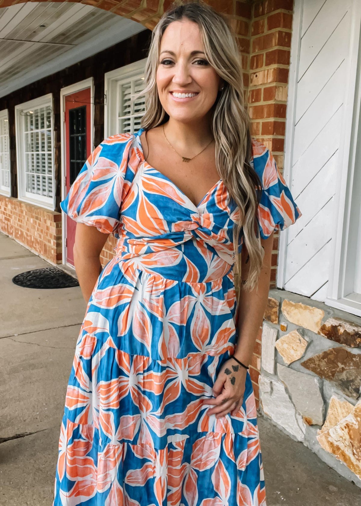 Blue and Peach Floral Puff Sleeve Maxi Large