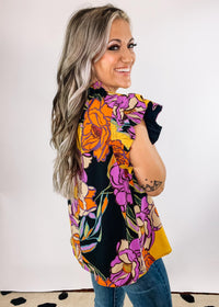 Floral Flutter Sleeve Top with Ruffle Neck