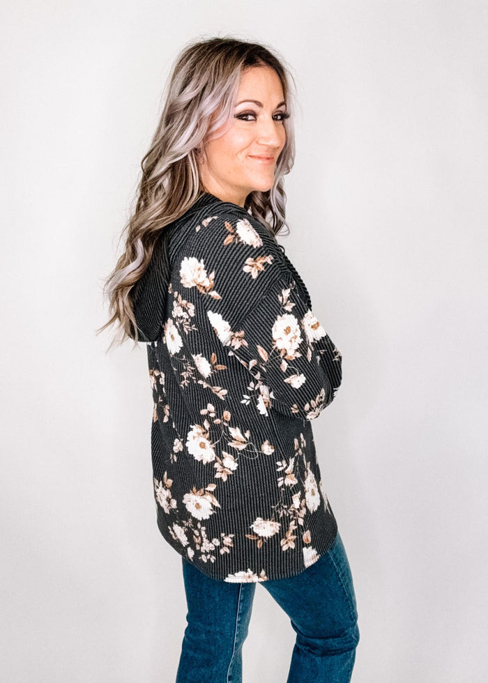 Charcoal and Floral Ribbed Hoodie