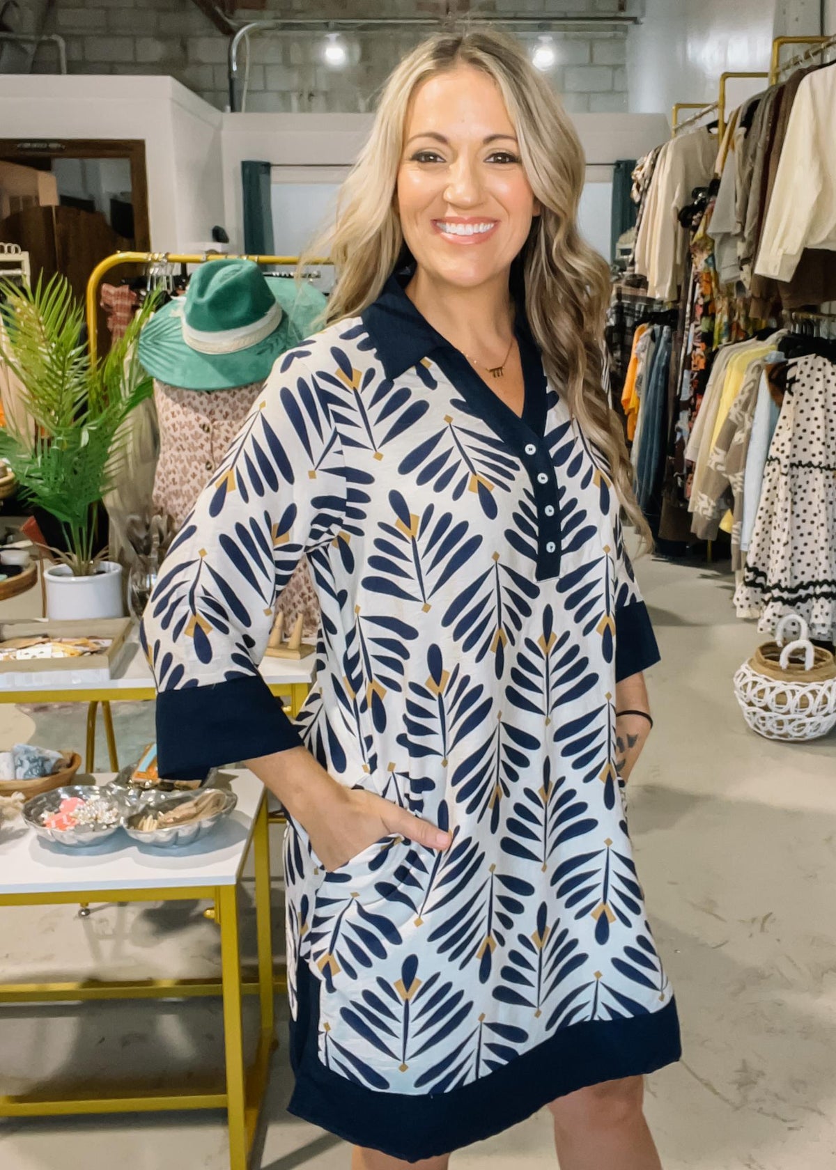 Navy Half Sleeve Printed Mini Dress