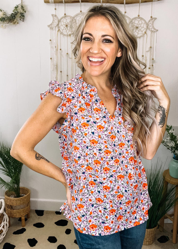Purple and Peach Floral Ruffle Neck Blouse
