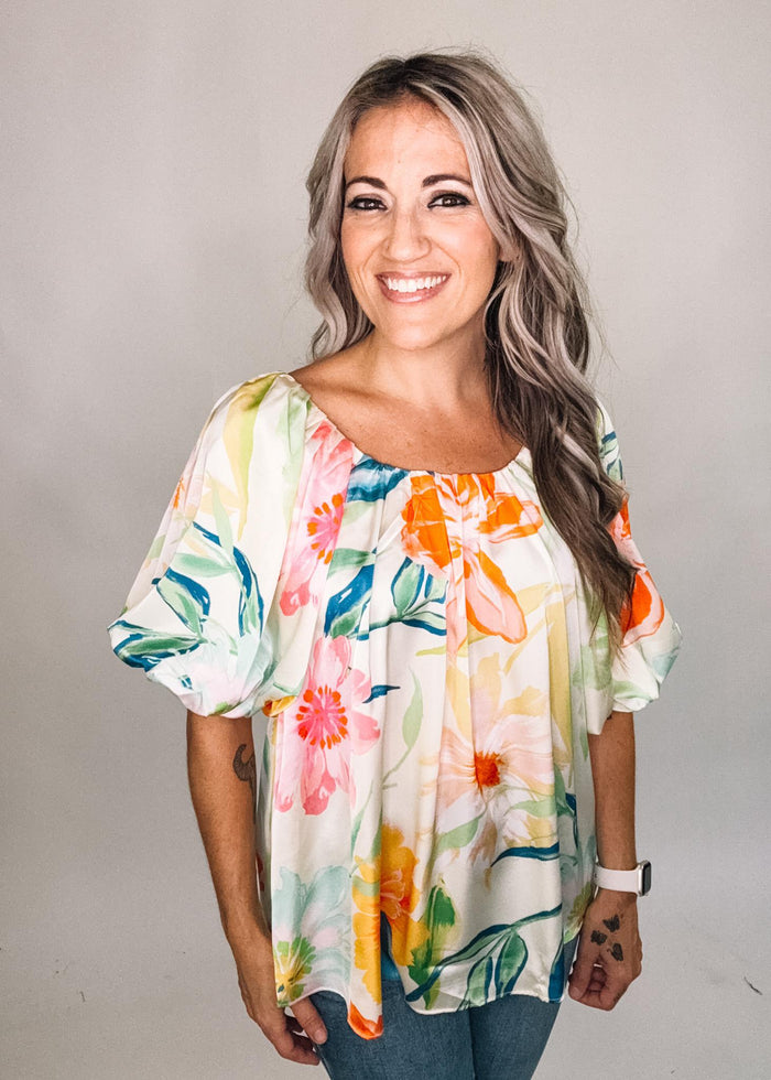 Colorful Floral Cream Satin Blouse