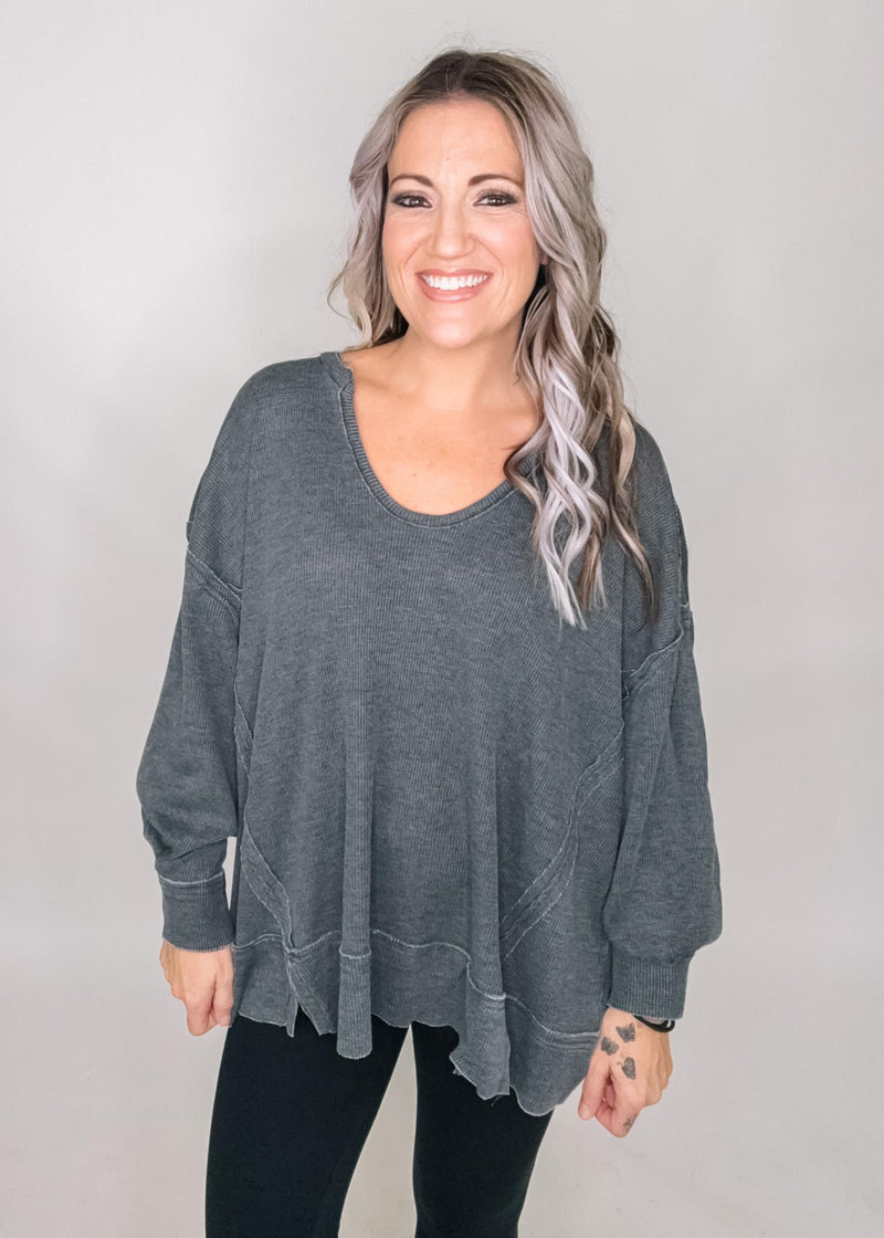 Cotton Blend Waffle Knit Oversized Long Sleeve Top