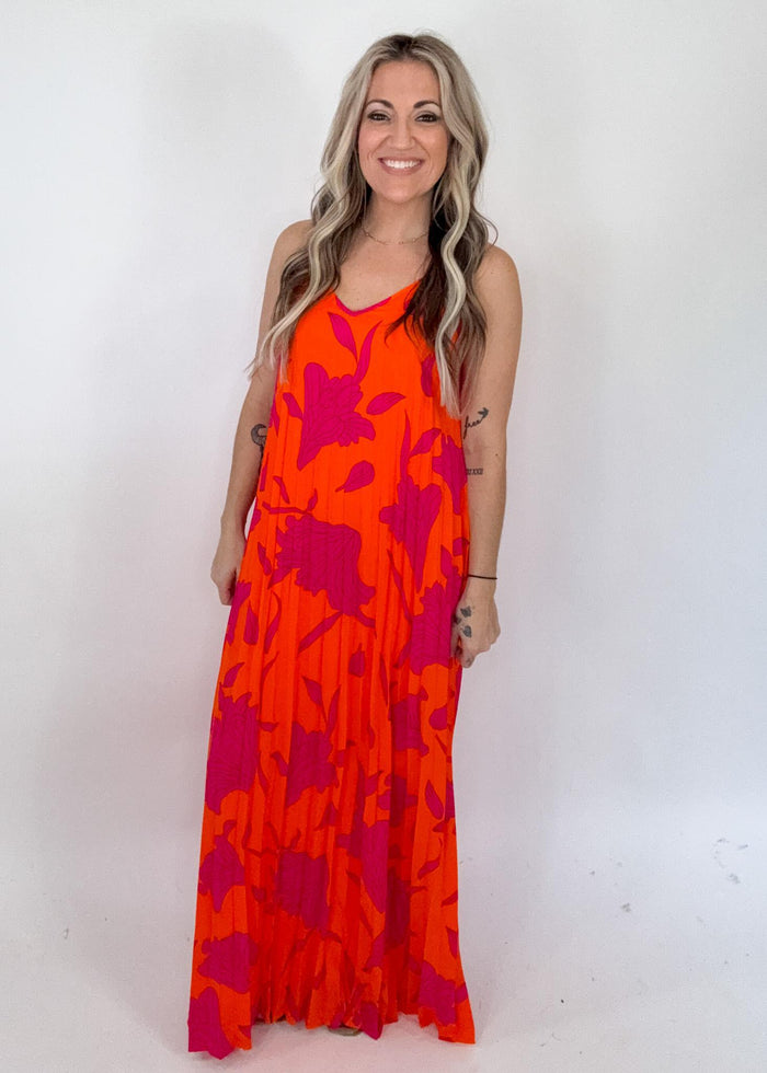 Orange and Magenta Pleated Maxi Dress