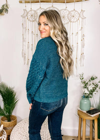 Blue and Grey Knit Sweater with Lattice Sleeve