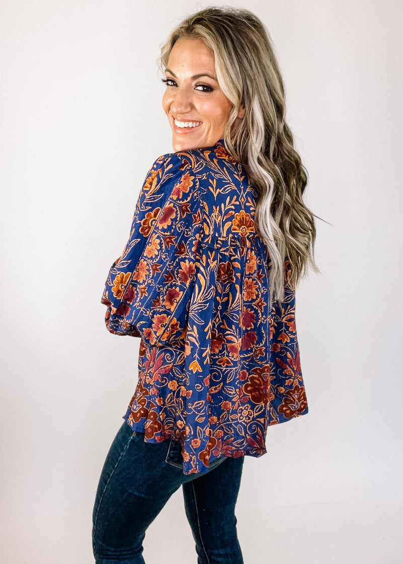 Navy and Amber Floral Blouse