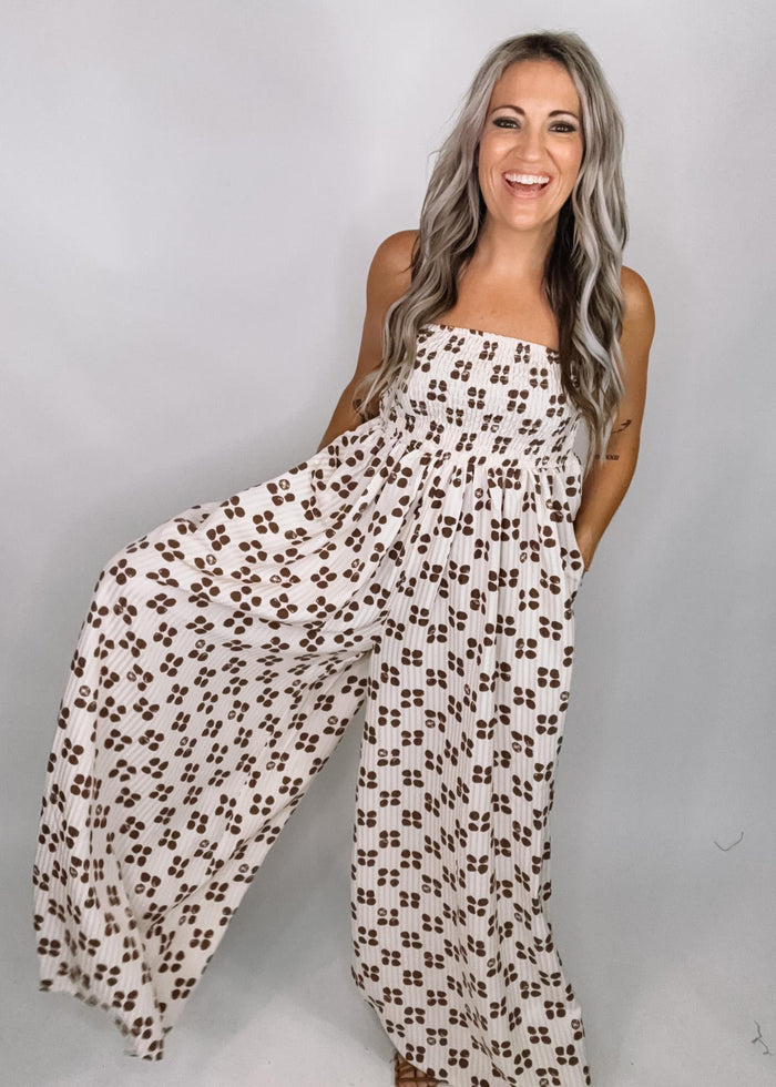 Cream and Brown Printed Wide Leg Jumpsuit