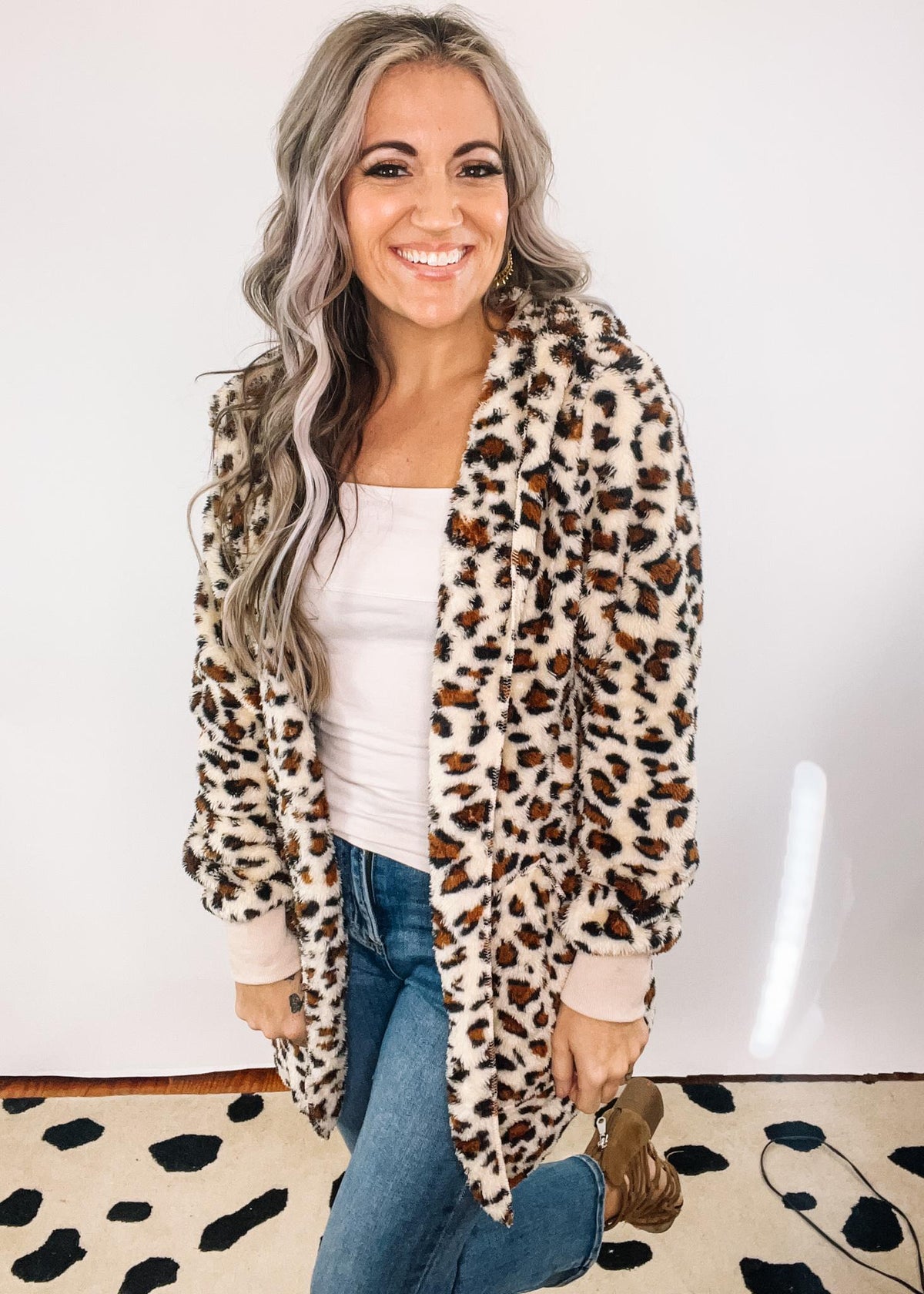 Oversized Faux Fur Leopard Print Hooded Jacket