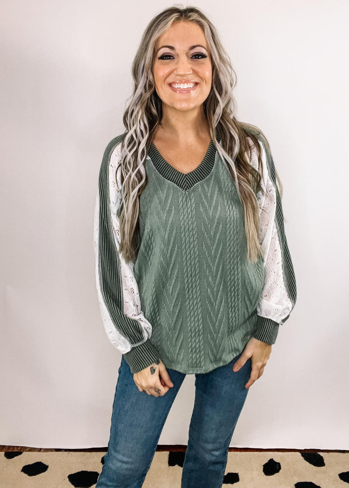 Olive Lace Contrast Long Sleeve Top