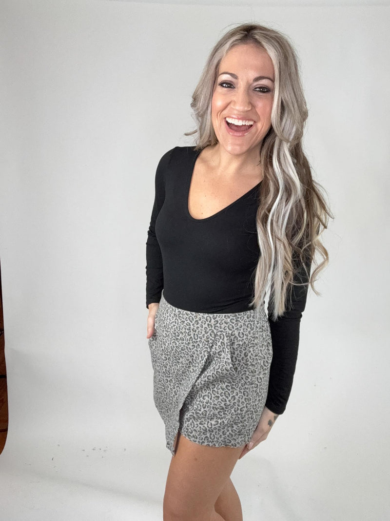 Grey Animal Print Denim Skort