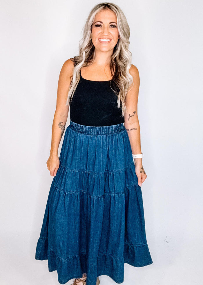 Elastic High Waist Tiered Denim Midi Skirt