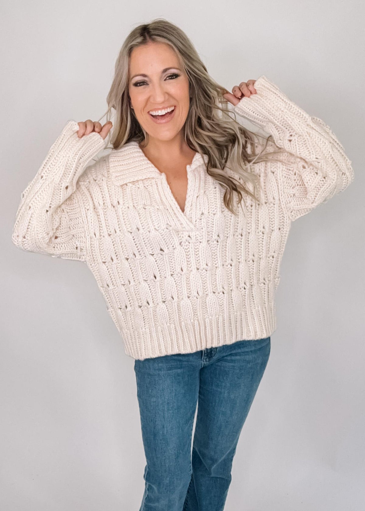 Cozy Textured Collared Sweater Top