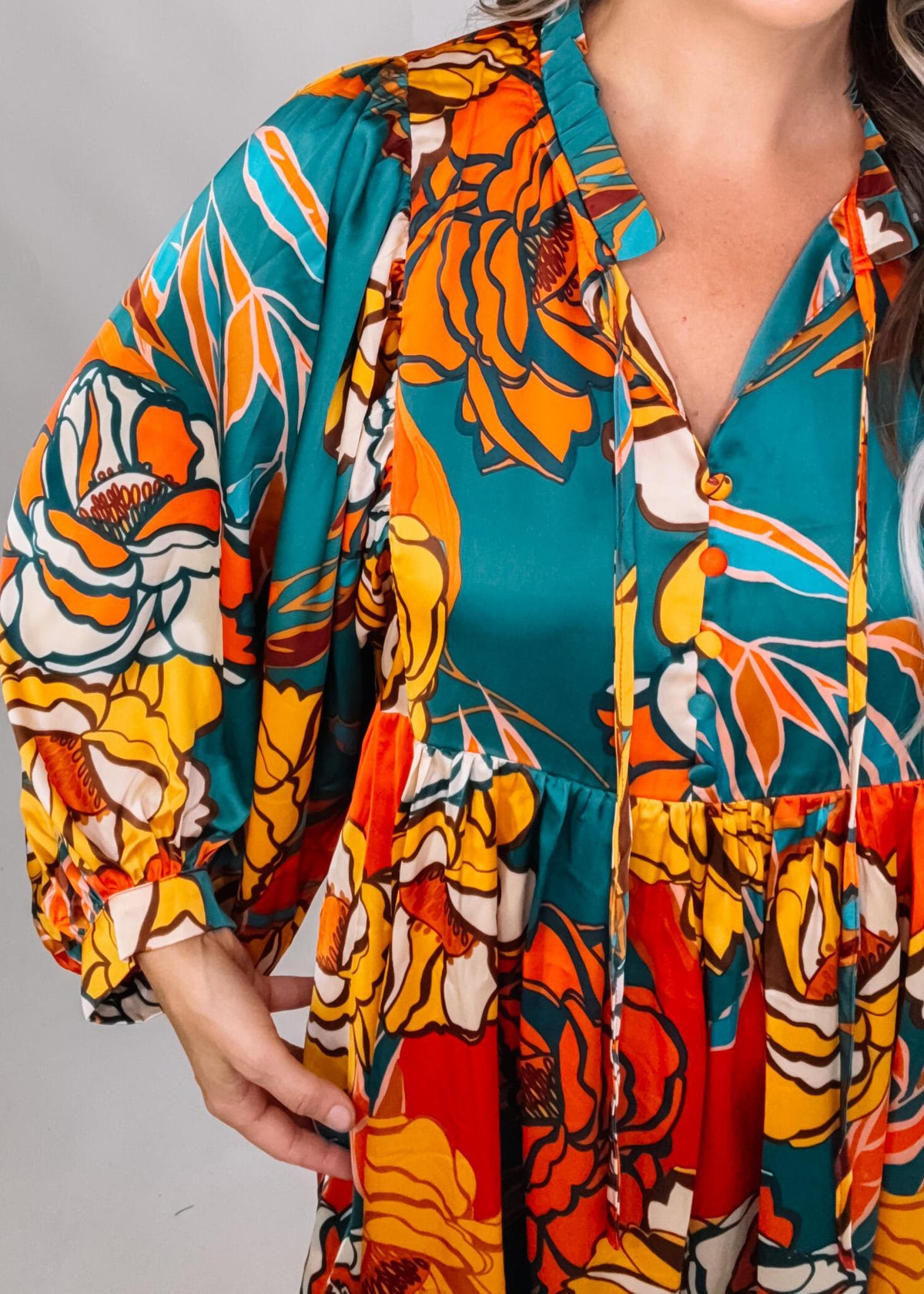 Teal Rust Mustard Satin Printed Mini Dress