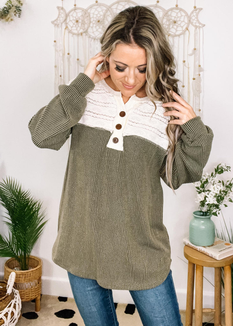 Olive and Lace Contrast Front Button Top