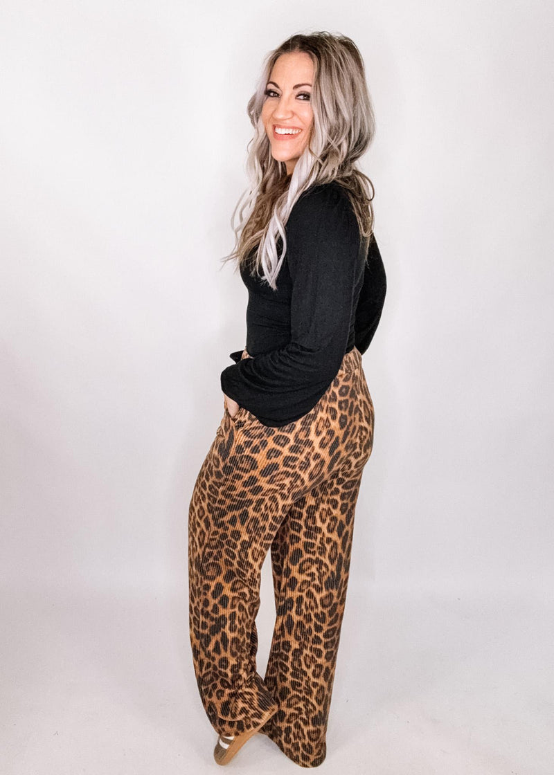 Leopard Ribbed Wide Leg Pants