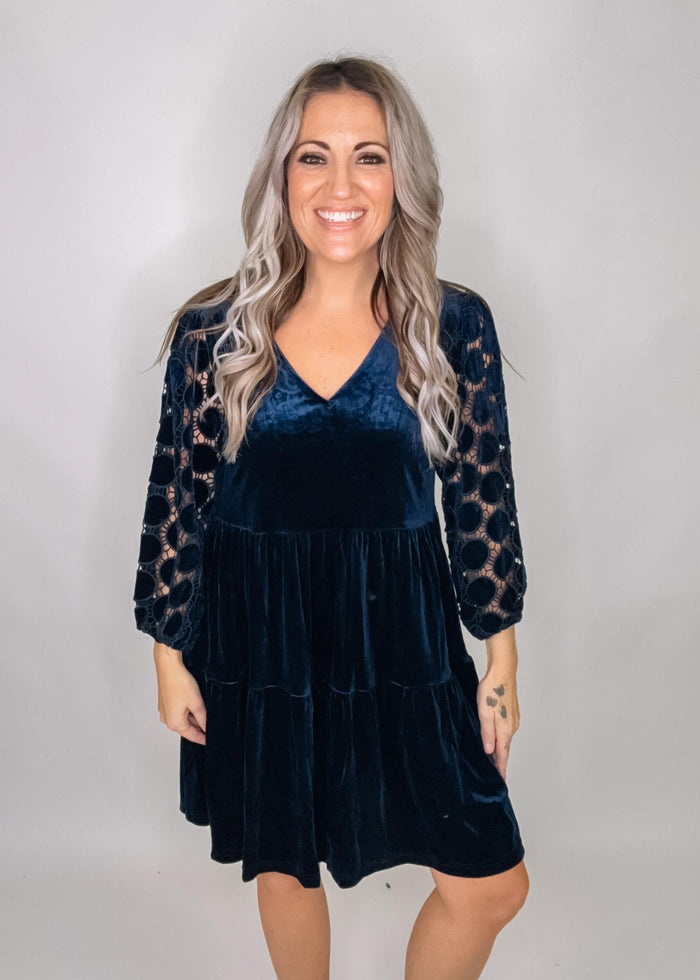 Navy Velvet Dress with Crochet Sleeves