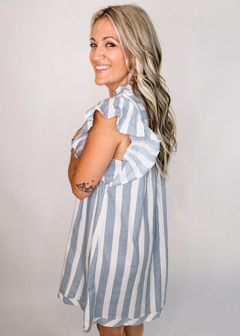 Blue and White Summer Stripe Ruffle Sleeve Dress