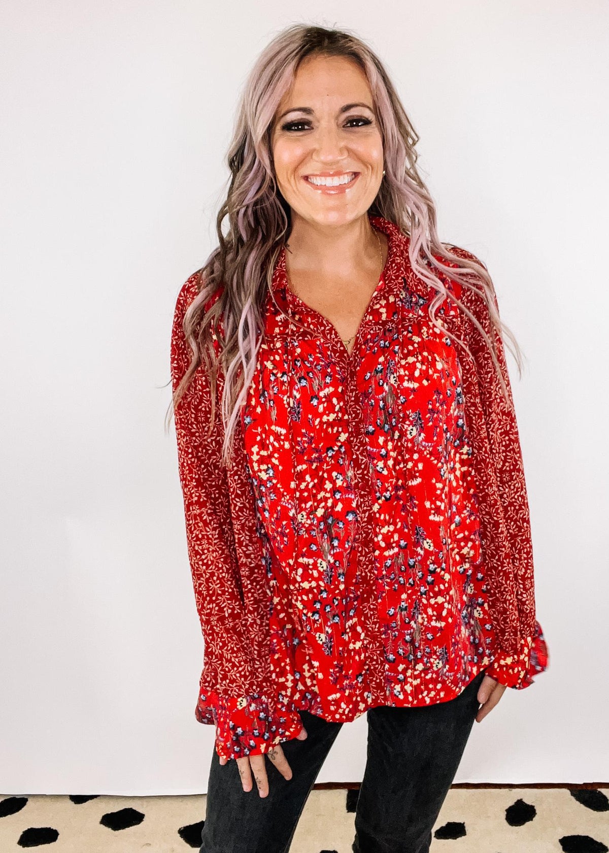 Deep Red Metallic Mixed Print Blouse