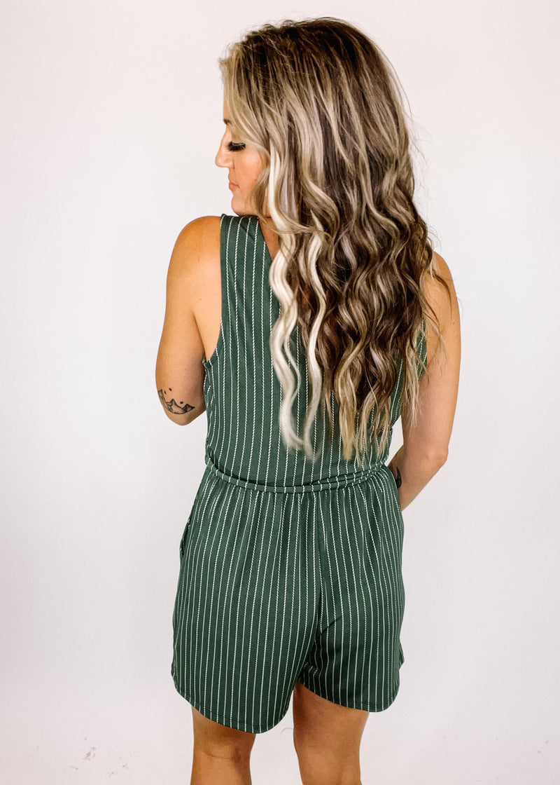 Olive and Ivory Stripe Faux Wrap Romper