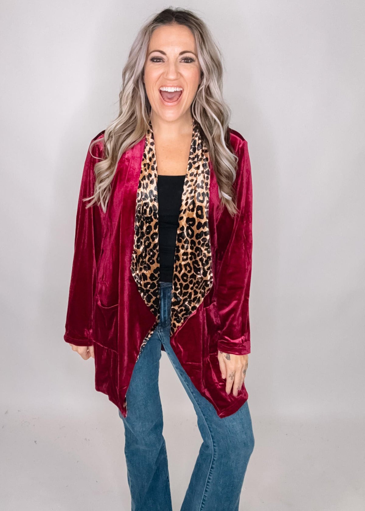 Raspberry Velvet Cardigan with Leopard Trim