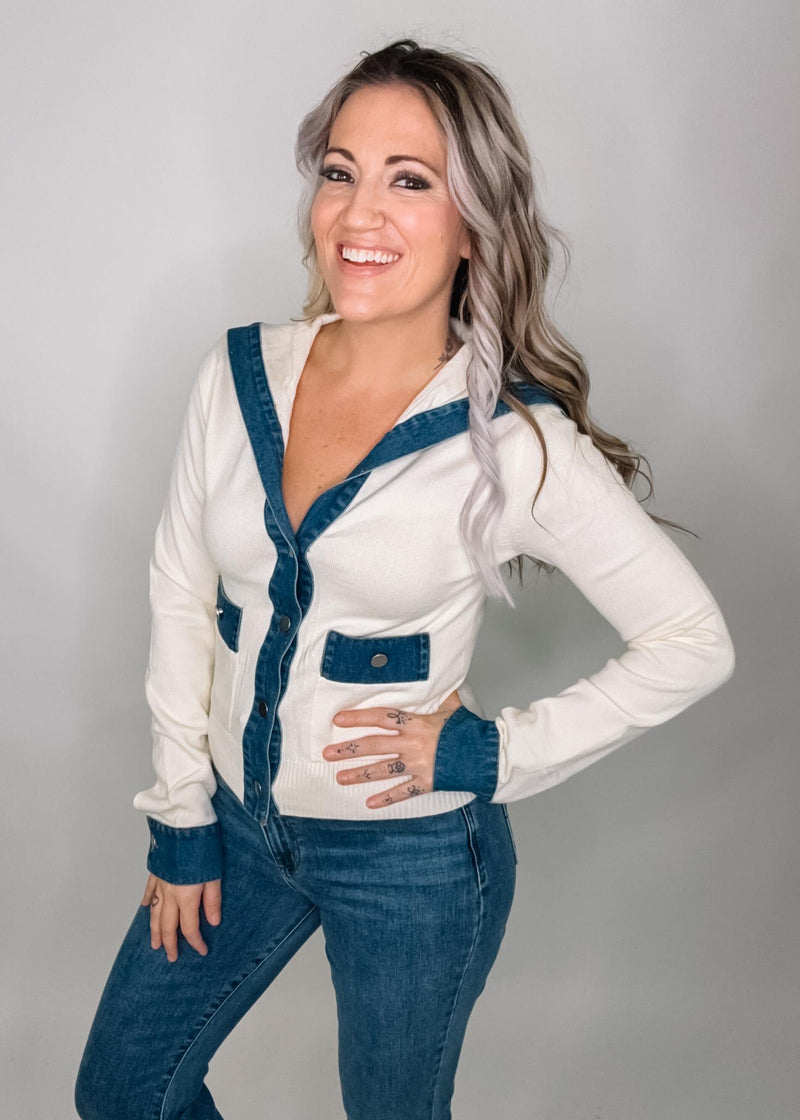 Denim Contrasting Ivory Cardigan Sweater Top