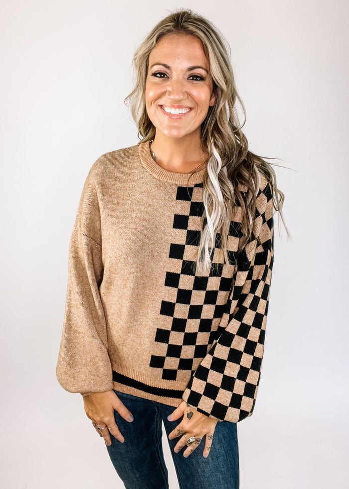 Khaki and Checkerboard Crew Neck Sweater