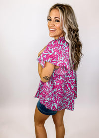 Fuchsia and Mint Abstract Print Blouse