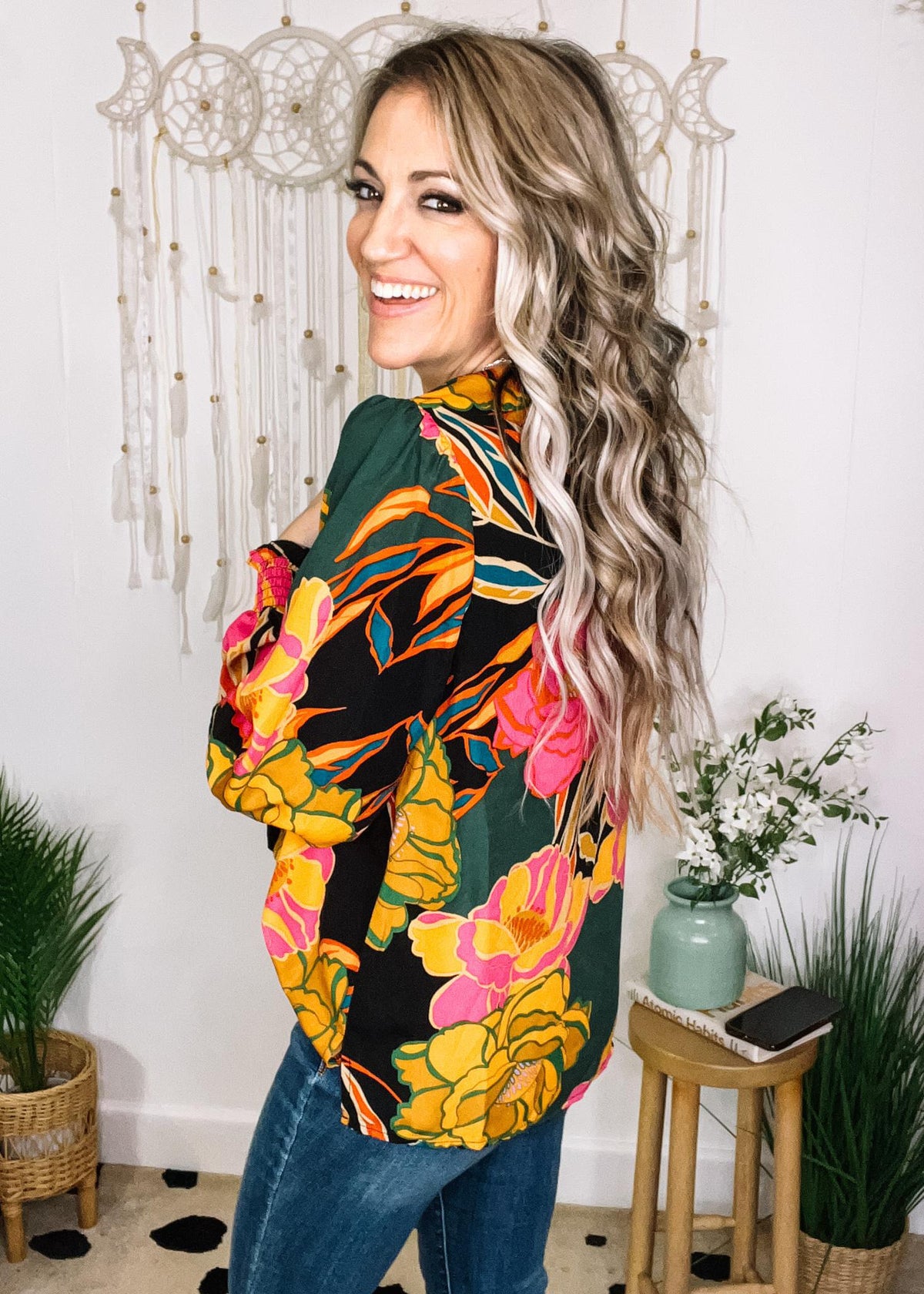 Floral Split Neck Blouse with Smocked Sleeve