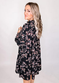 Black Floral Mock Neck Chiffon Dress