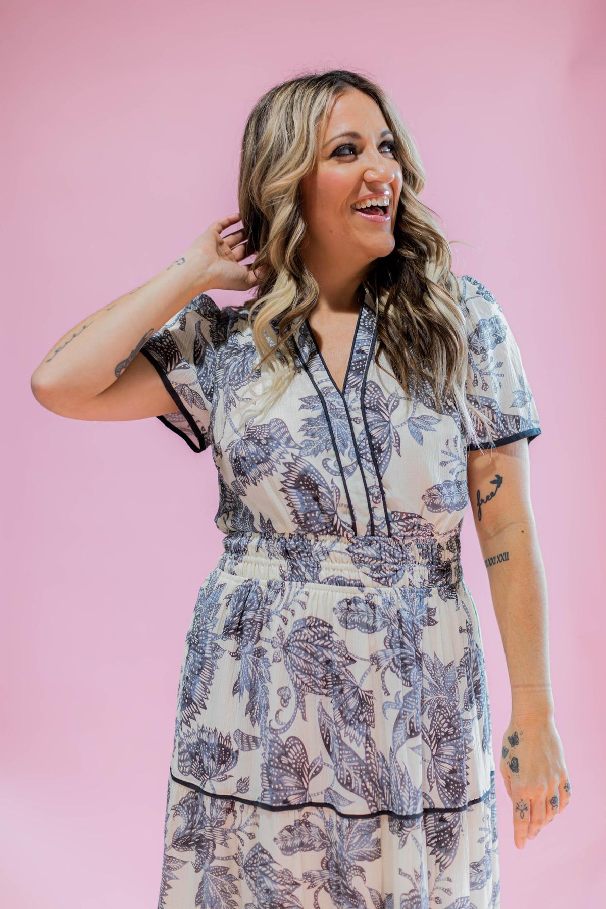 Grey Trim and Printed Maxi Dress