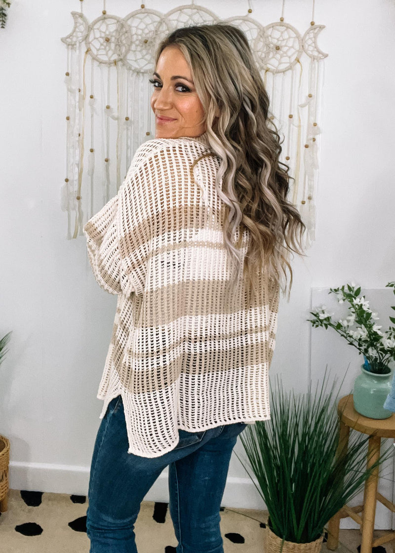 Beige and Cream Stripe Chunky Knit Button Sweater